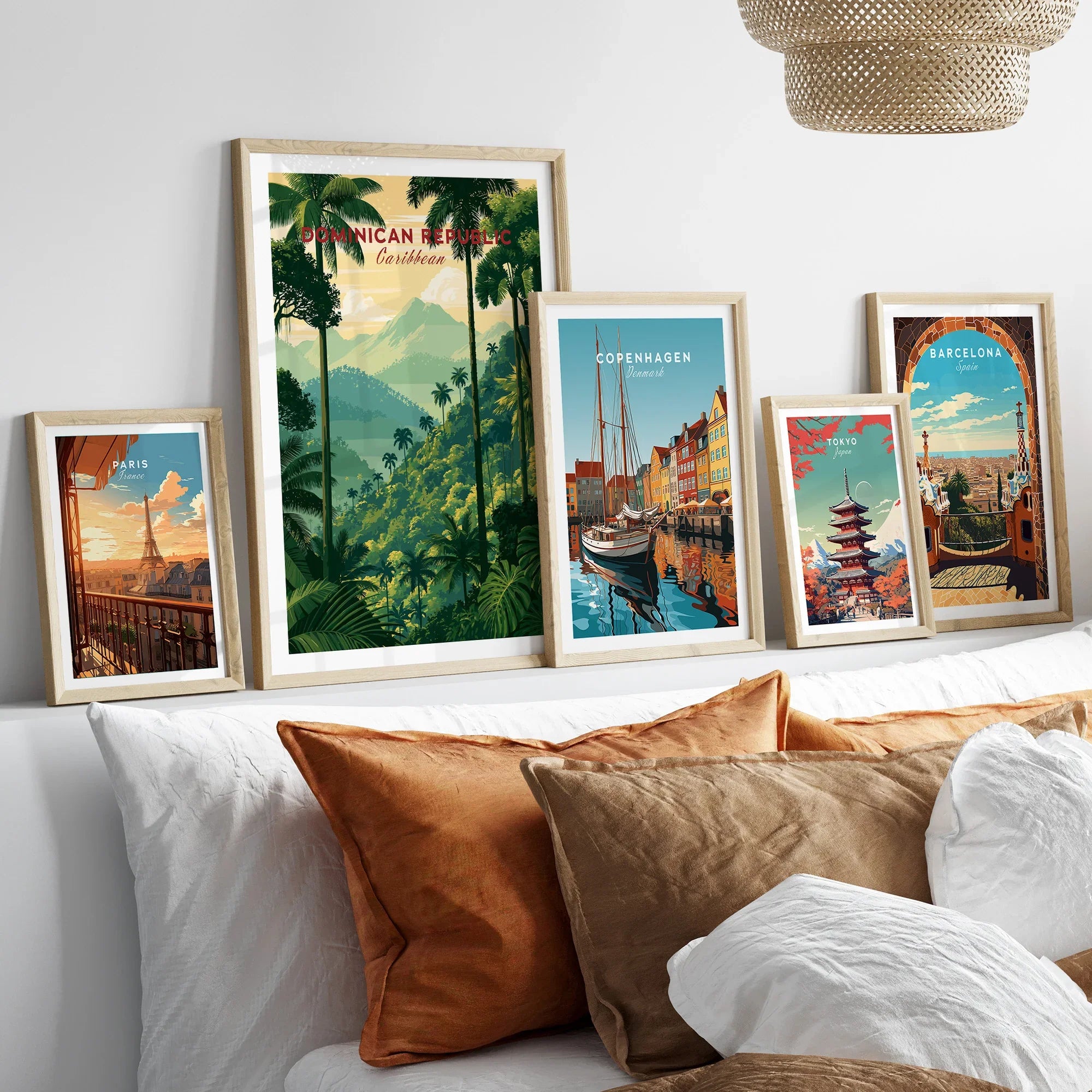 Framed travel posters of Paris, Dominican Republic, Copenhagen, Tokyo, and Barcelona for wall art decor