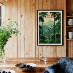 Dominican Republic Caribbean travel poster with palm trees and mountains, perfect wall art for home decor