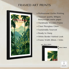 Framed Dominican Republic travel poster with palm trees, mountains, and tropical jungle art for wall decor