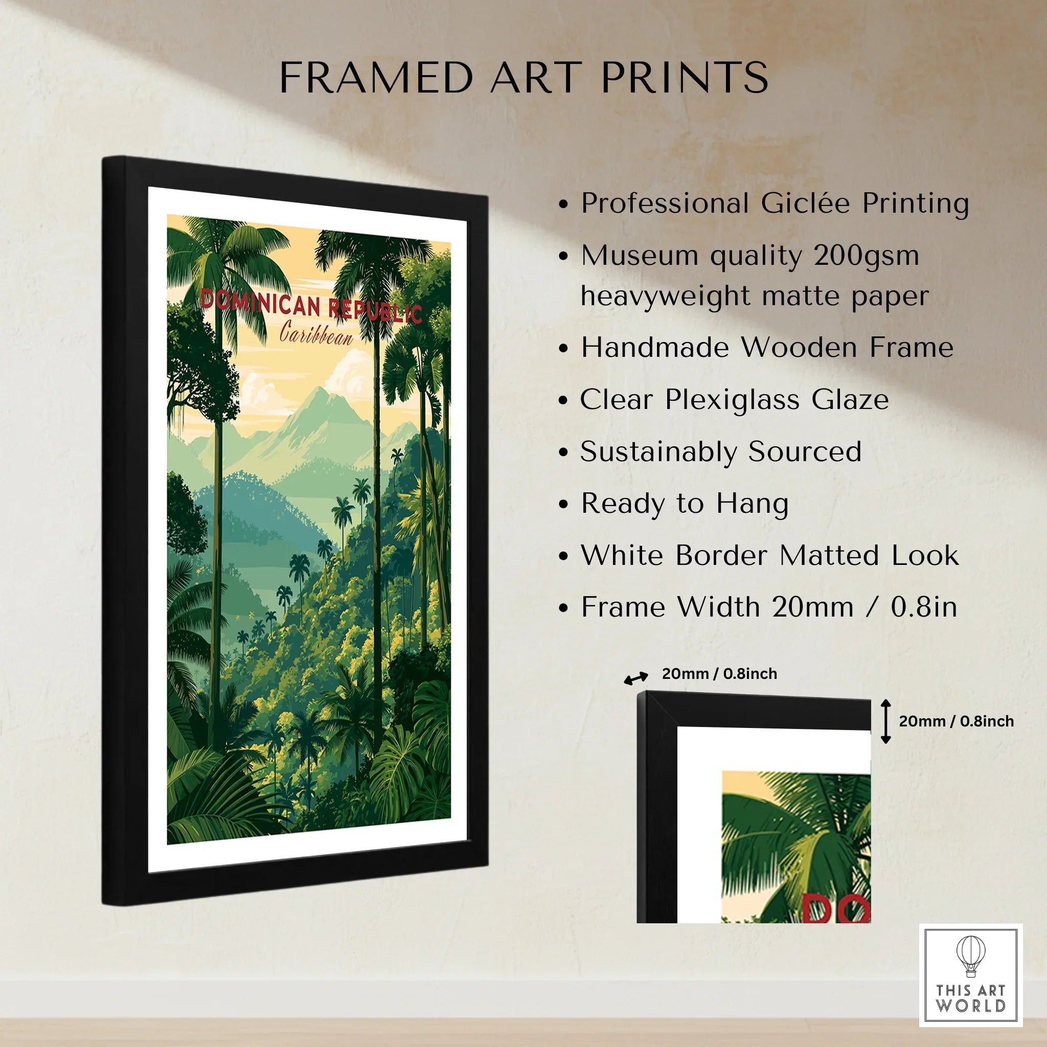 Framed Dominican Republic travel poster with palm trees, mountains, and tropical jungle art for wall decor