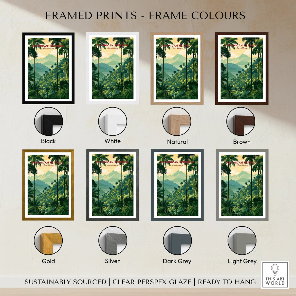 Dominican Republic travel poster in 8 frame colors: black, white, natural, brown, gold, silver, dark grey, light grey