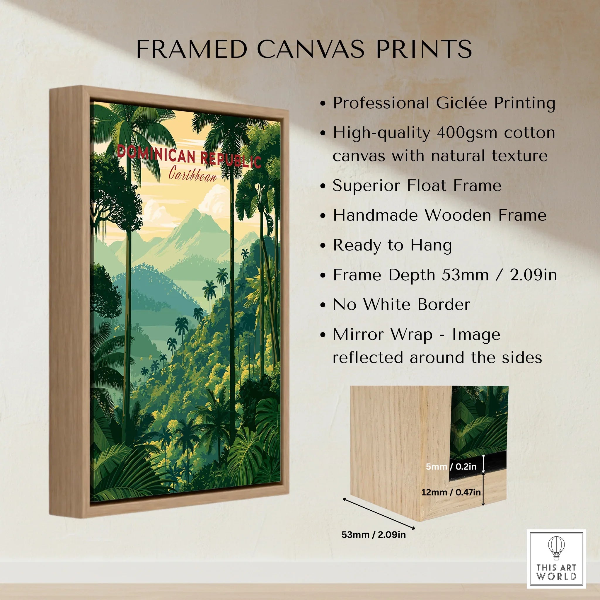 Dominican Republic travel poster with palm trees and mountains, framed canvas wall art for home decor