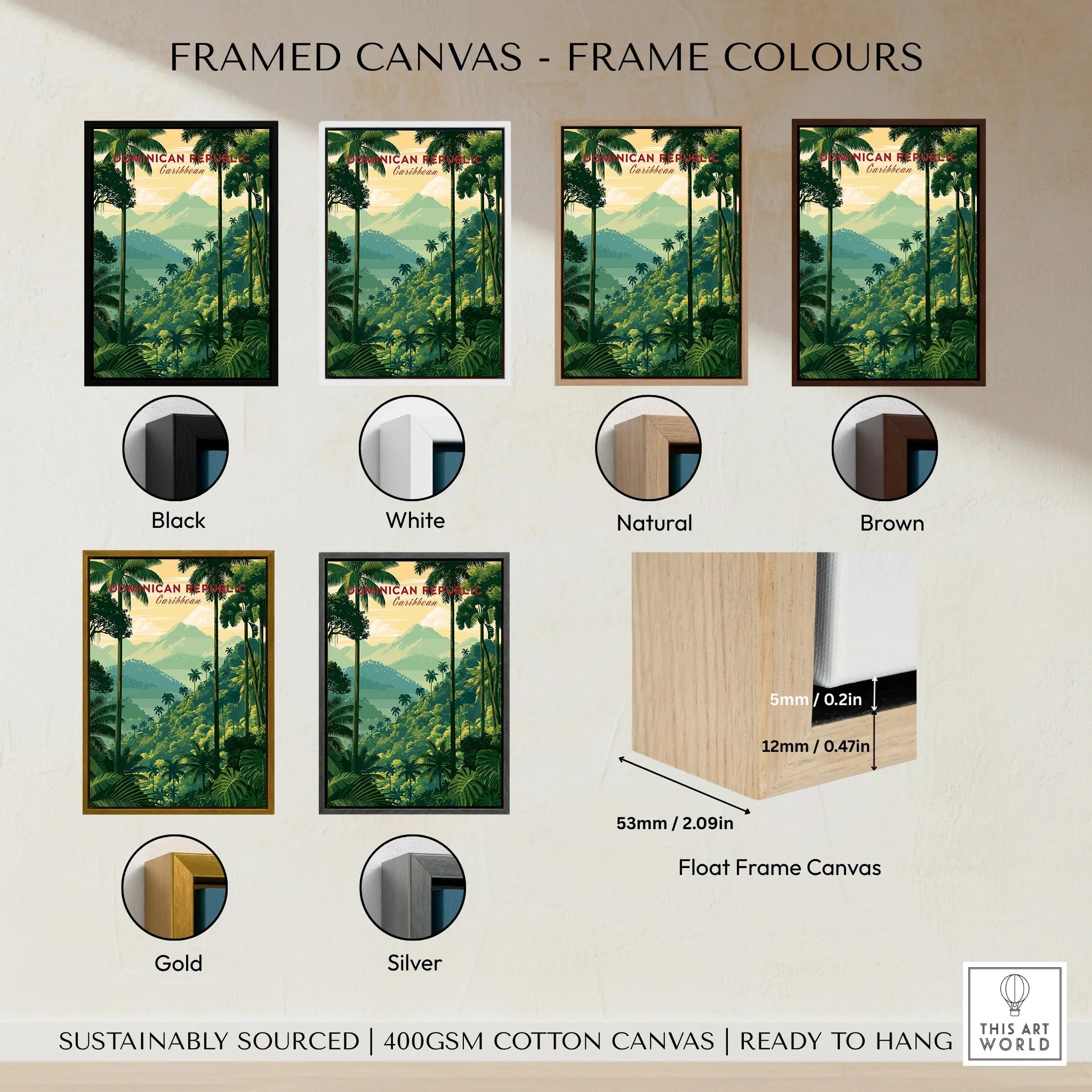 Dominican Republic travel poster in black, white, natural, brown, gold, silver frames. Float frame canvas, ready to hang.
