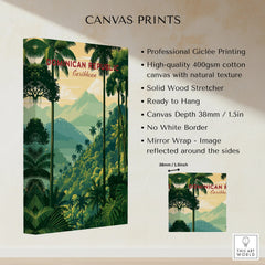 Dominican Republic Caribbean travel poster canvas print with tropical palm trees and mountains, ready to hang wall art