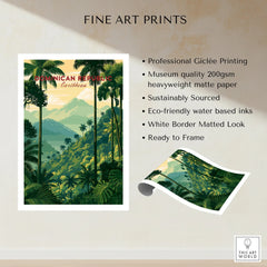 Dominican Republic Caribbean travel poster with palm trees, mountains, and lush jungle, fine art print ready to frame