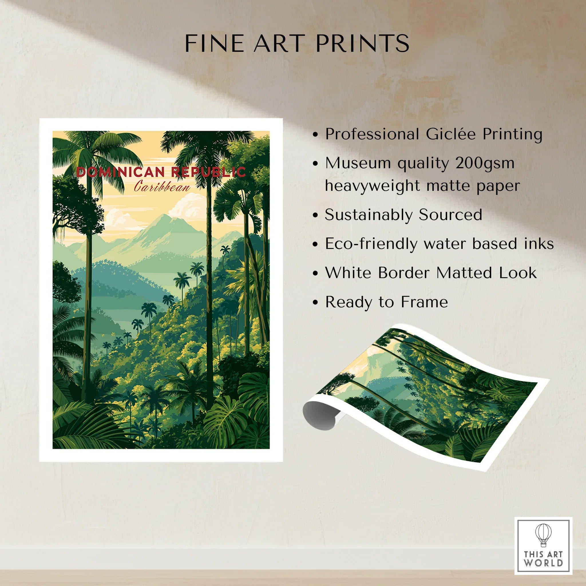 Dominican Republic Caribbean travel poster with palm trees, mountains, and lush jungle, fine art print ready to frame