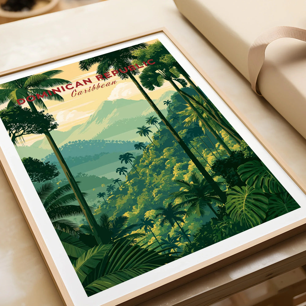 Dominican Republic Caribbean travel poster with lush jungle, palm trees, and mountains, framed wall art