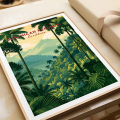 Dominican Republic Caribbean travel poster with lush jungle, palm trees, and mountains, framed wall art