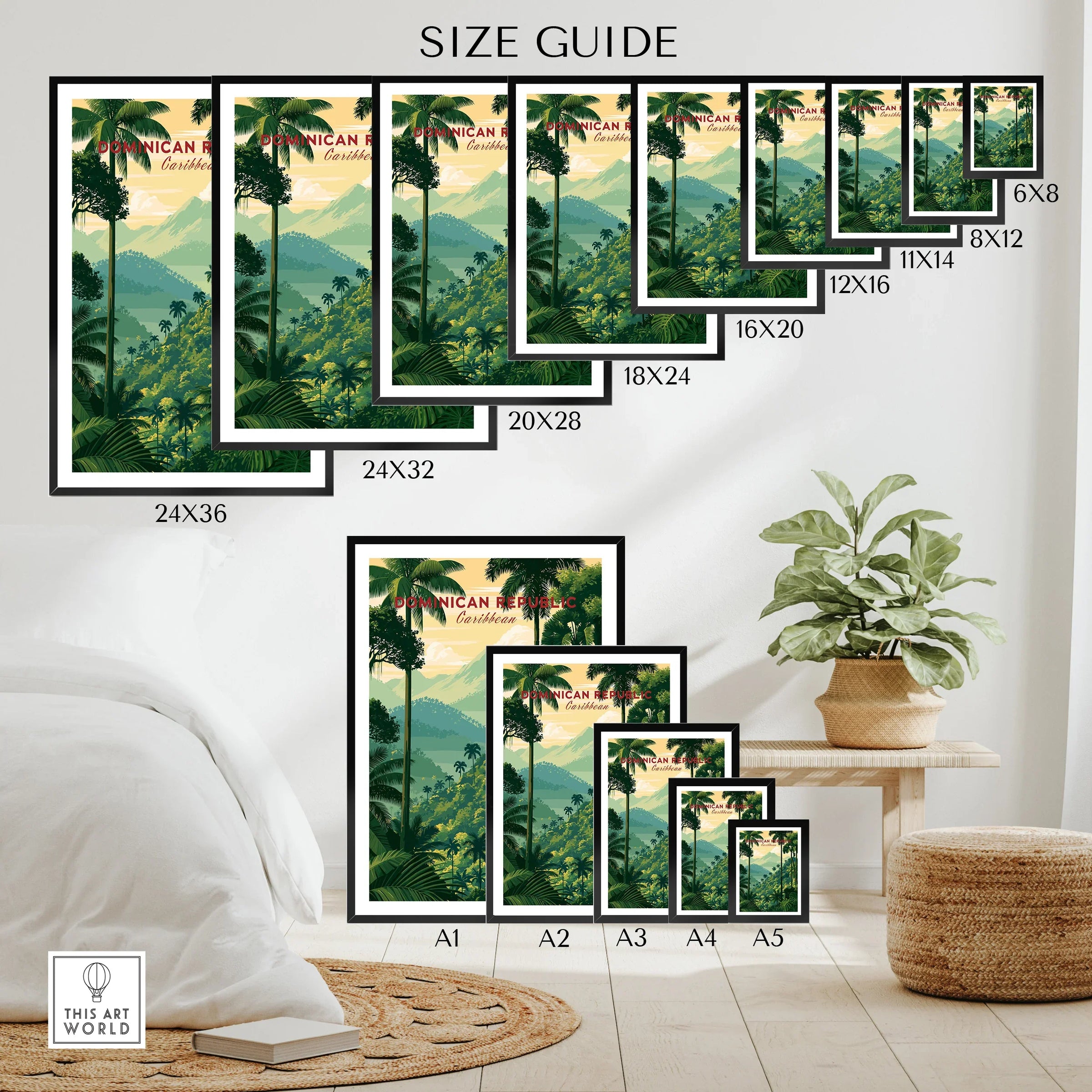 Dominican Republic travel poster size guide with tropical jungle and mountain art for home decor