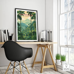 Dominican Republic travel poster with palm trees and mountains, framed wall art for home decor
