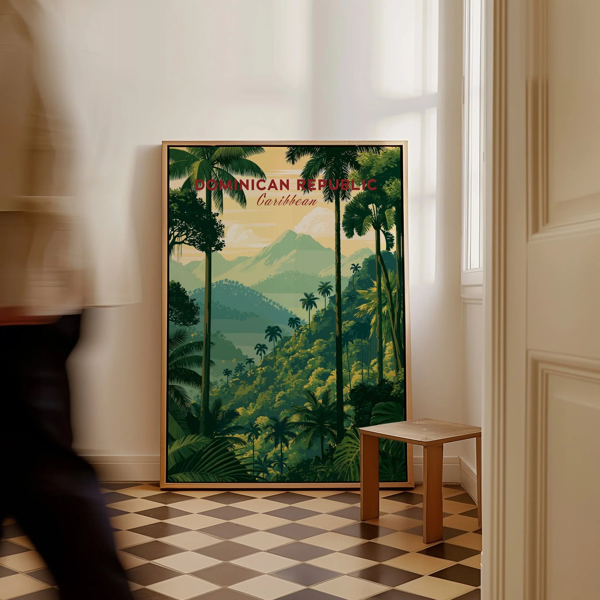 Dominican Republic Caribbean travel poster with palm trees and mountains, ideal for tropical wall art decor
