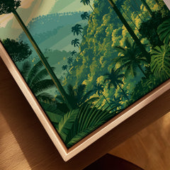 Tropical jungle wall art with palm trees and lush green foliage in wooden frame for home decor