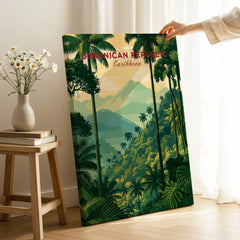 Dominican Republic Caribbean travel poster with palm trees, mountains, and lush jungle for home wall art decor