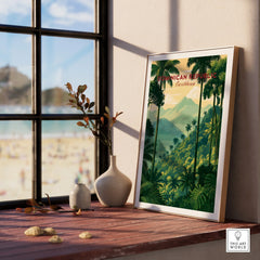 Dominican Republic Caribbean travel poster with palm trees and mountains, perfect for tropical wall art decor.