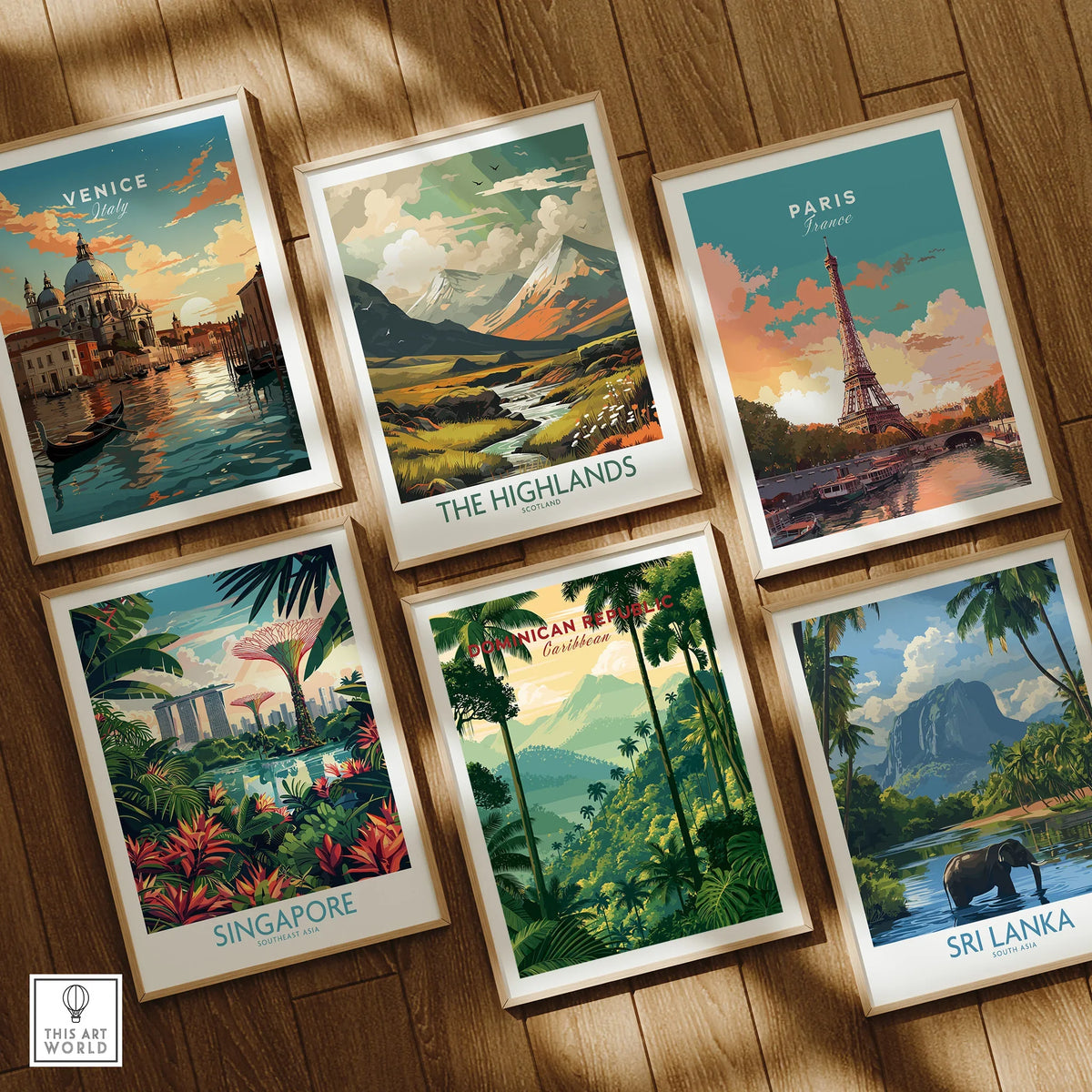 Framed travel posters of Venice, Paris, Highlands, Singapore, Dominican Republic, Sri Lanka on wood wall