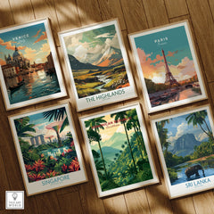 Framed travel posters of Venice, Paris, Highlands, Singapore, Dominican Republic, Sri Lanka on wood wall