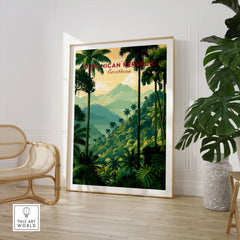 Dominican Republic Caribbean travel poster with lush jungle, palm trees, and mountains, framed wall art for home decor