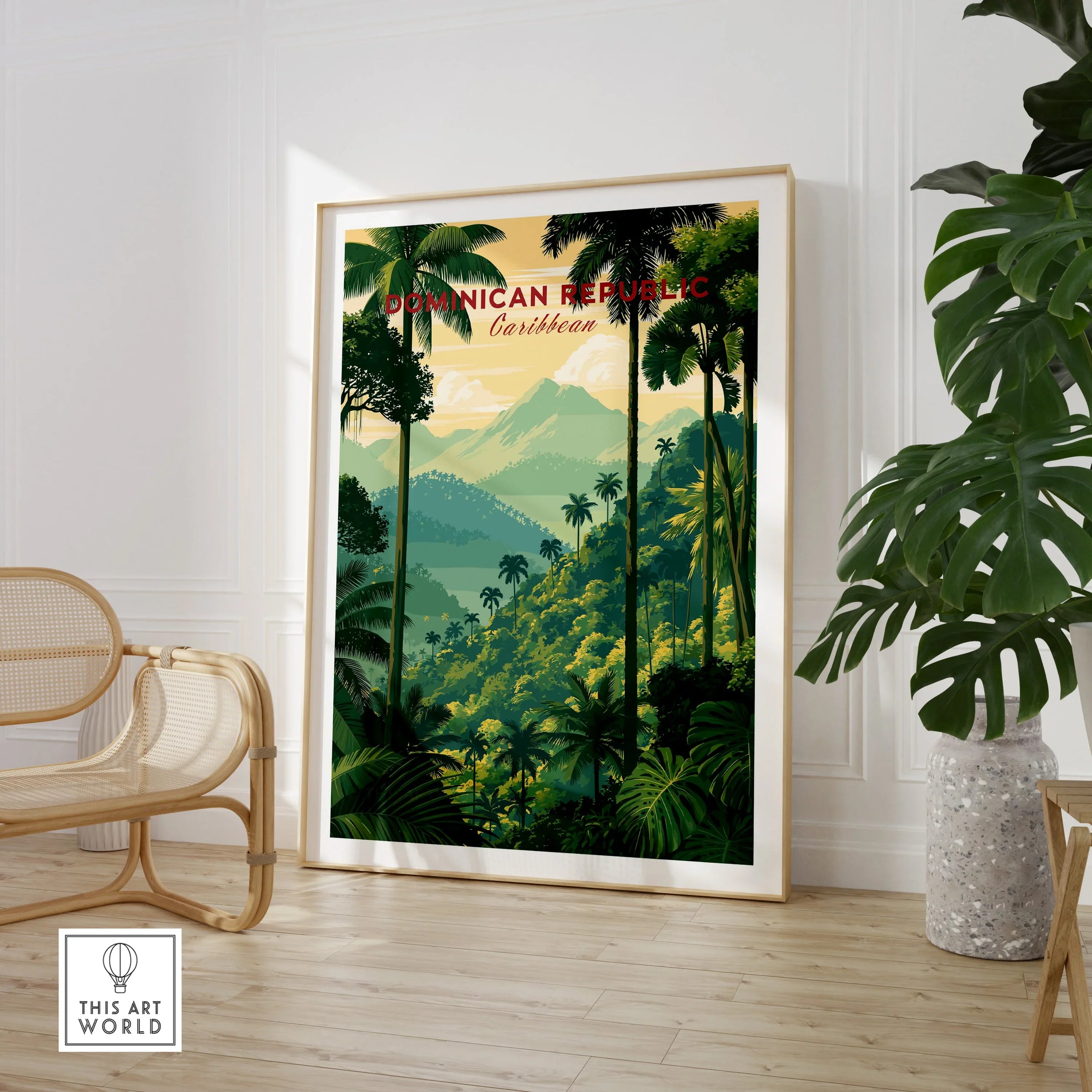 Dominican Republic Caribbean travel poster with lush jungle, palm trees, and mountains, framed wall art for home decor