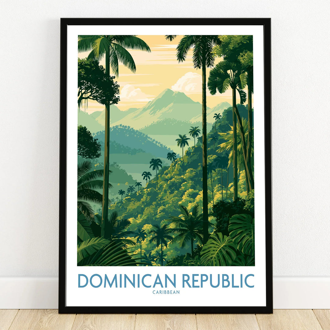 Dominican Republic travel poster with tropical palm trees, lush jungle, and mountain views for wall art decor
