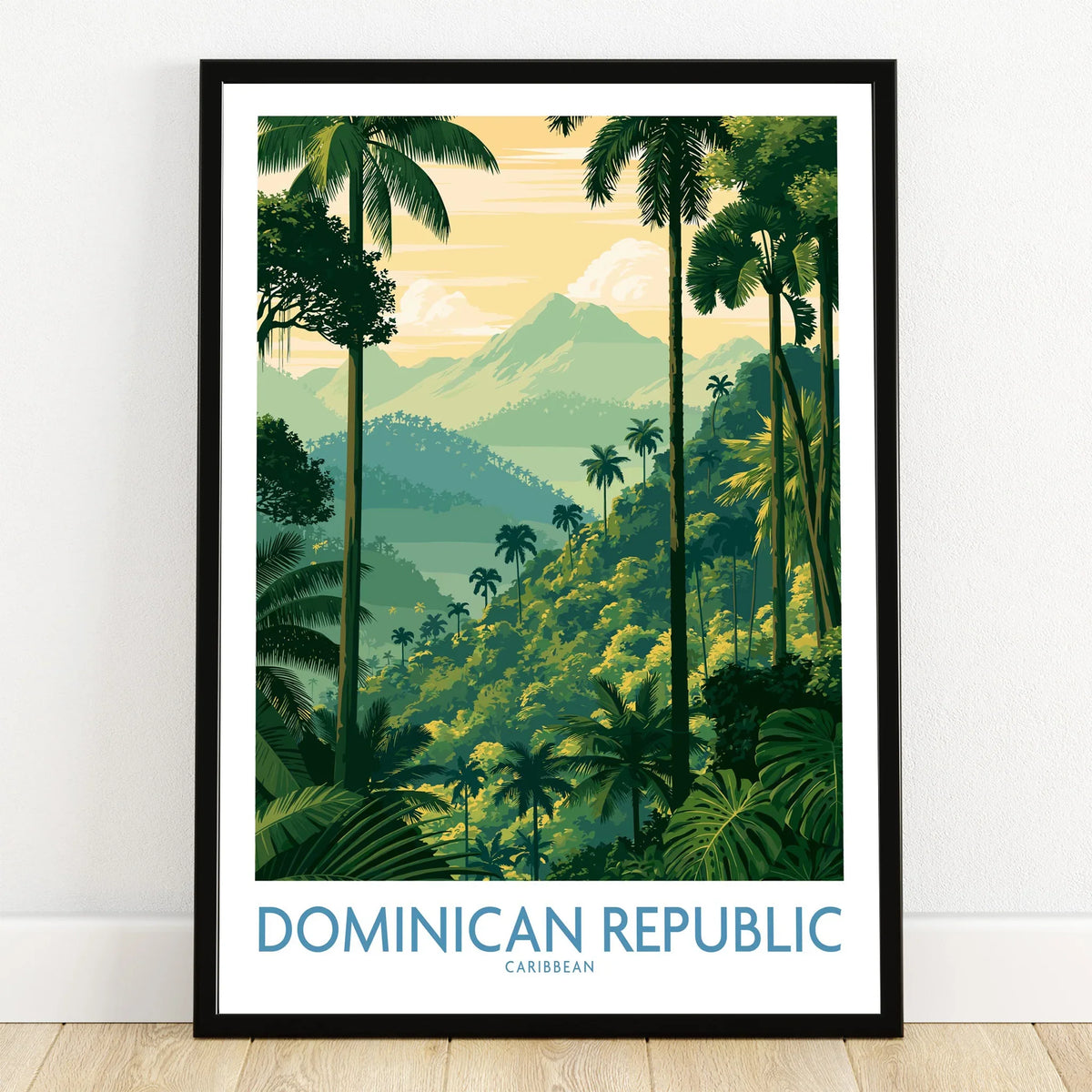 Dominican Republic travel poster with tropical palm trees, lush jungle, and mountain views for wall art decor