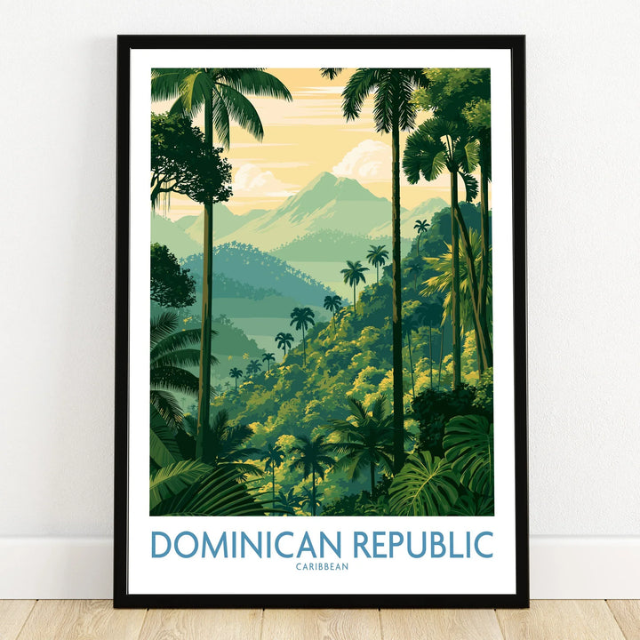 Dominican Republic travel poster with tropical palm trees, lush jungle, and mountain views for wall art decor