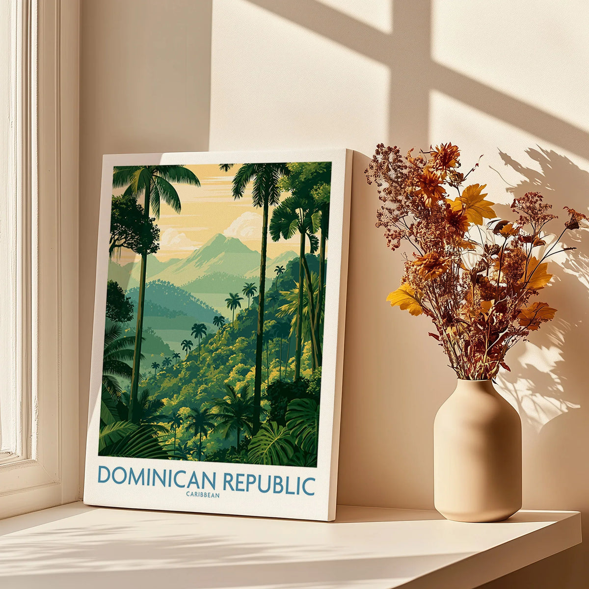 Dominican Republic travel poster with palm trees and mountains, Caribbean wall art for home decor