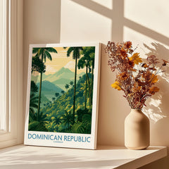 Dominican Republic travel poster with palm trees and mountains, Caribbean wall art for home decor