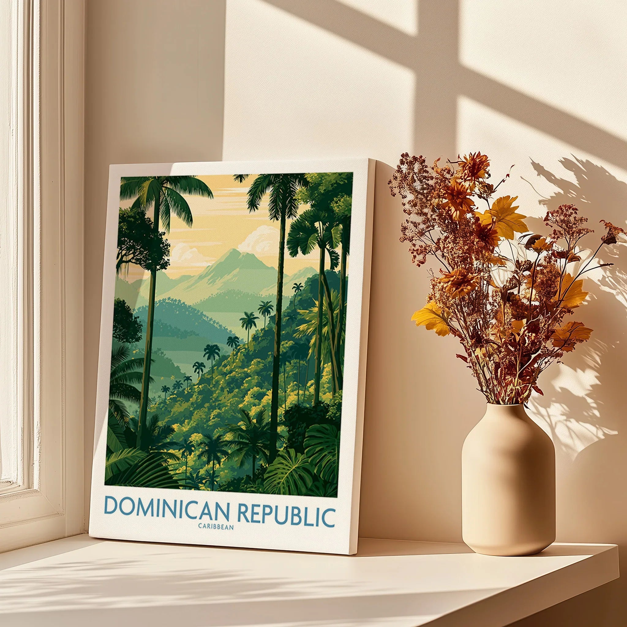 Dominican Republic travel poster with palm trees and mountains, Caribbean wall art for home decor