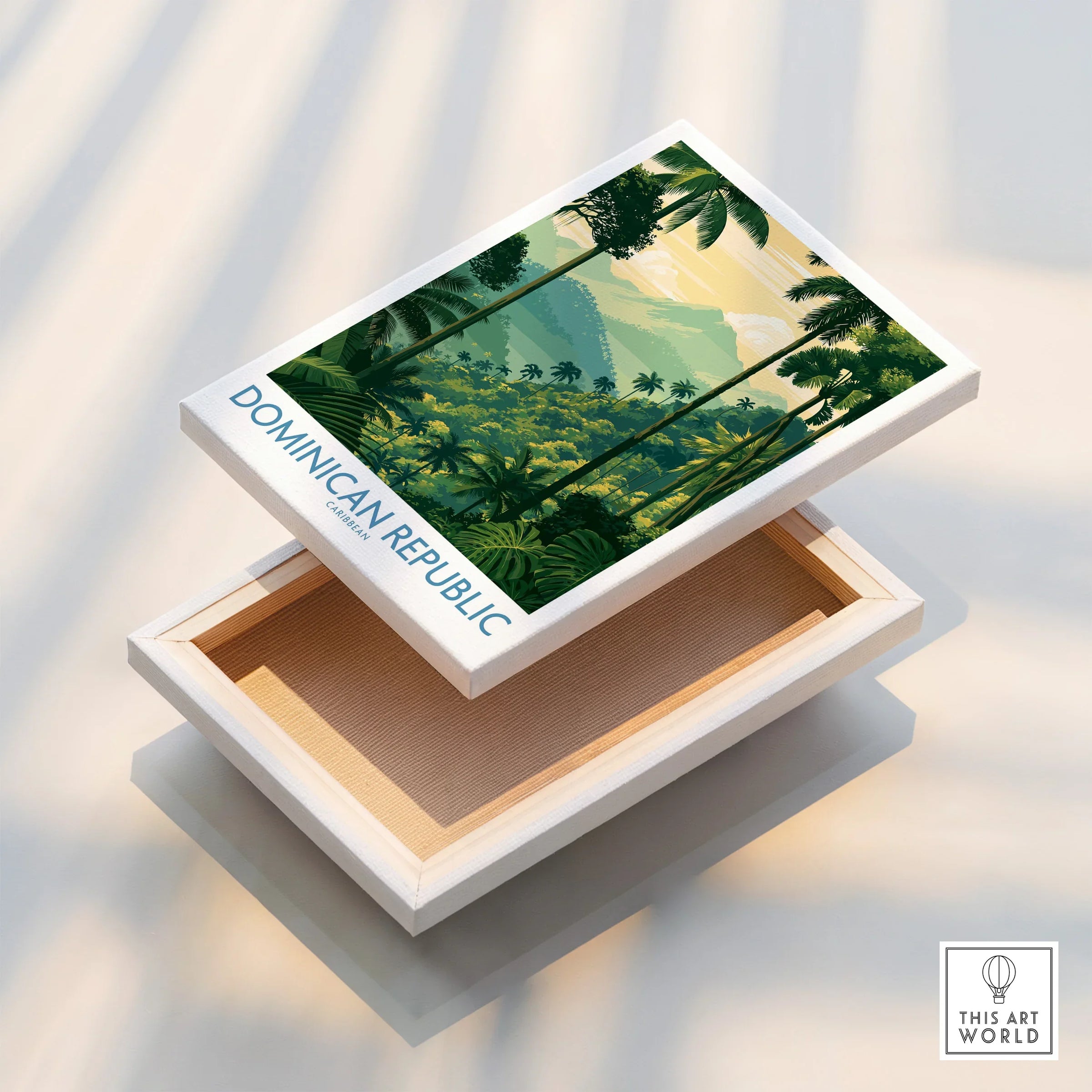 Dominican Republic travel poster print with tropical jungle and palm trees, ideal wall art for home decor