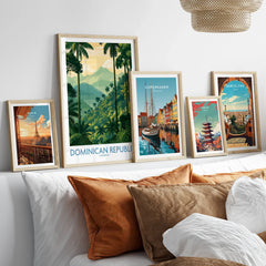 Travel posters of Paris, Dominican Republic, Copenhagen, Tokyo, and Barcelona for wall art decor