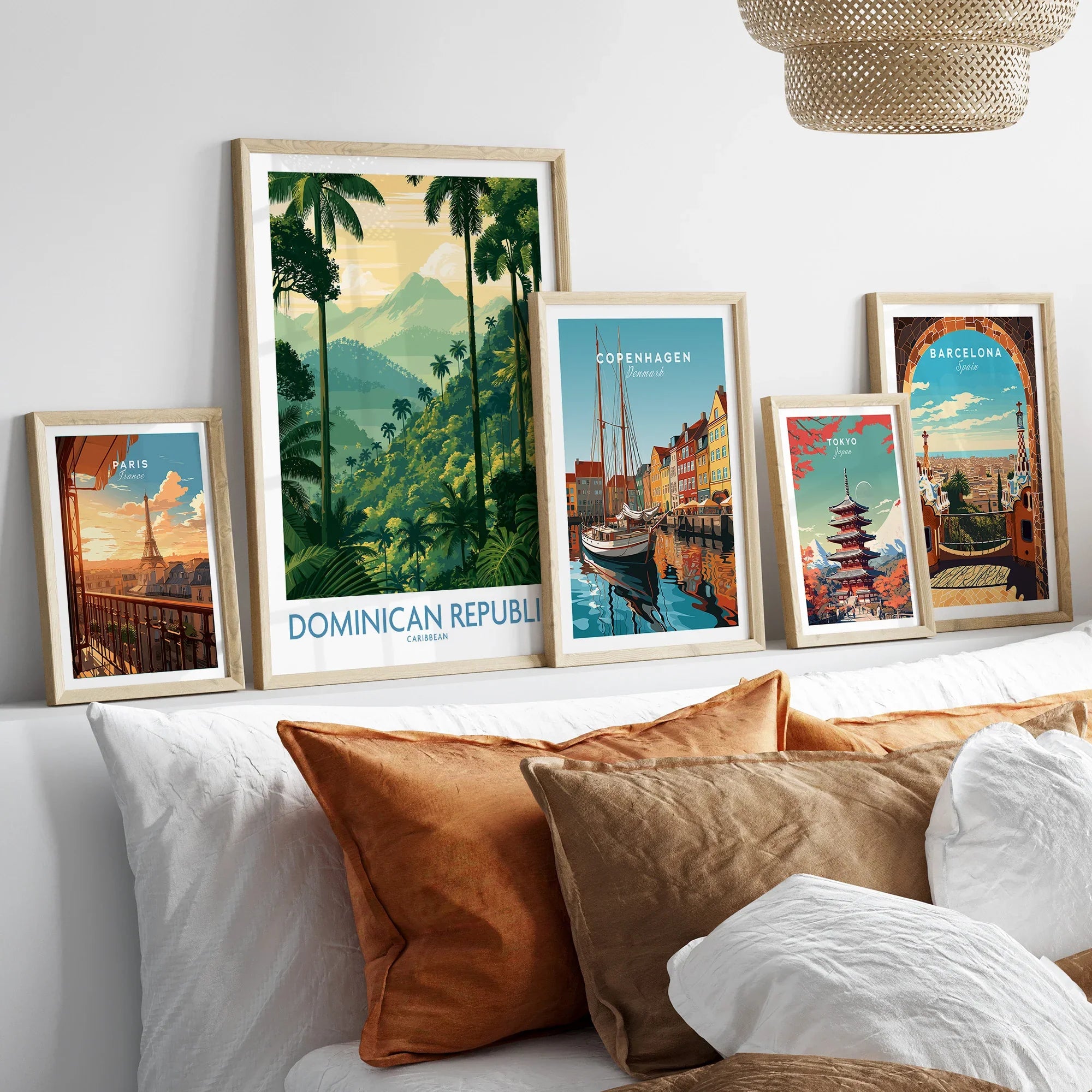 Travel posters of Paris, Dominican Republic, Copenhagen, Tokyo, and Barcelona for wall art decor