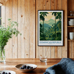 Dominican Republic travel poster with tropical palm trees and mountains, Caribbean wall art for home decor
