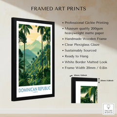Framed Dominican Republic travel poster with palm trees, mountains, and tropical jungle art for wall decor
