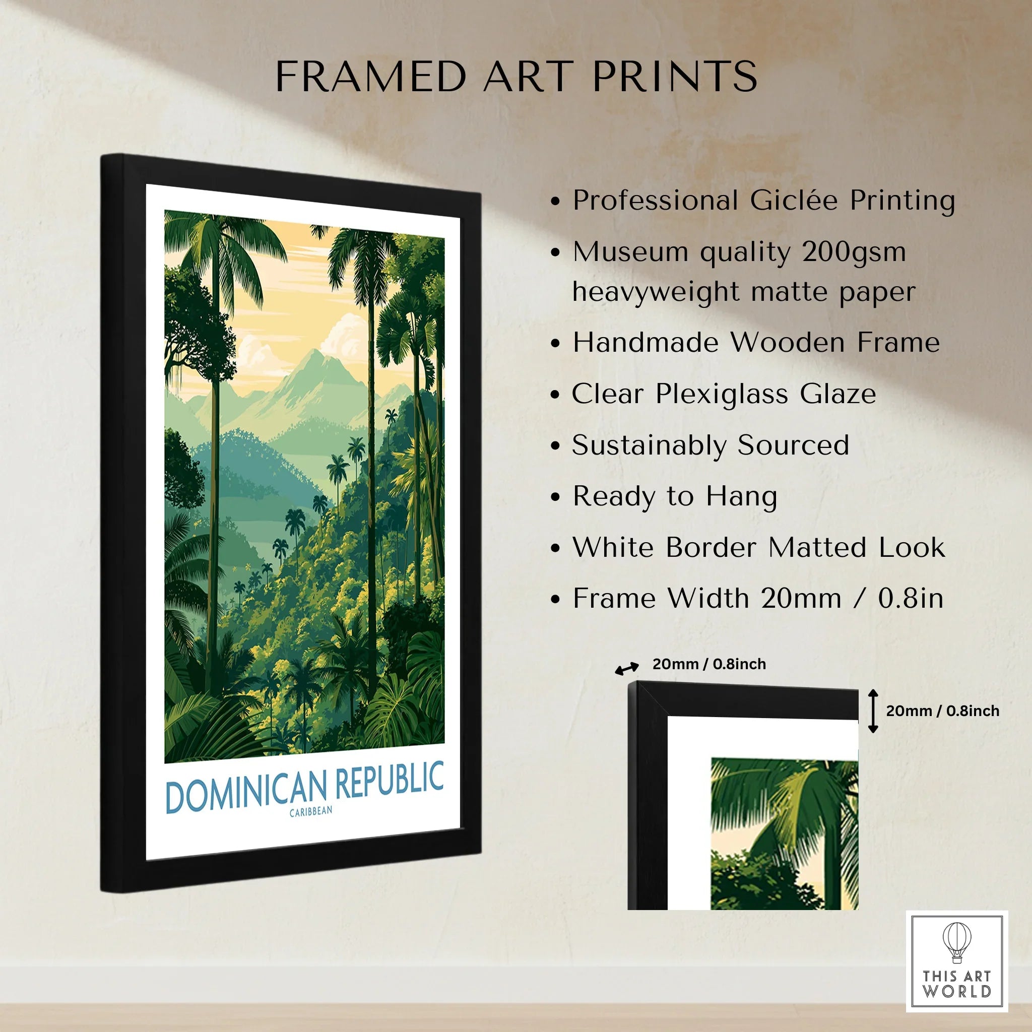 Framed Dominican Republic travel poster with palm trees, mountains, and tropical jungle art for wall decor