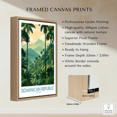 Framed Dominican Republic travel poster with palm trees, mountains, and tropical jungle art for wall decor