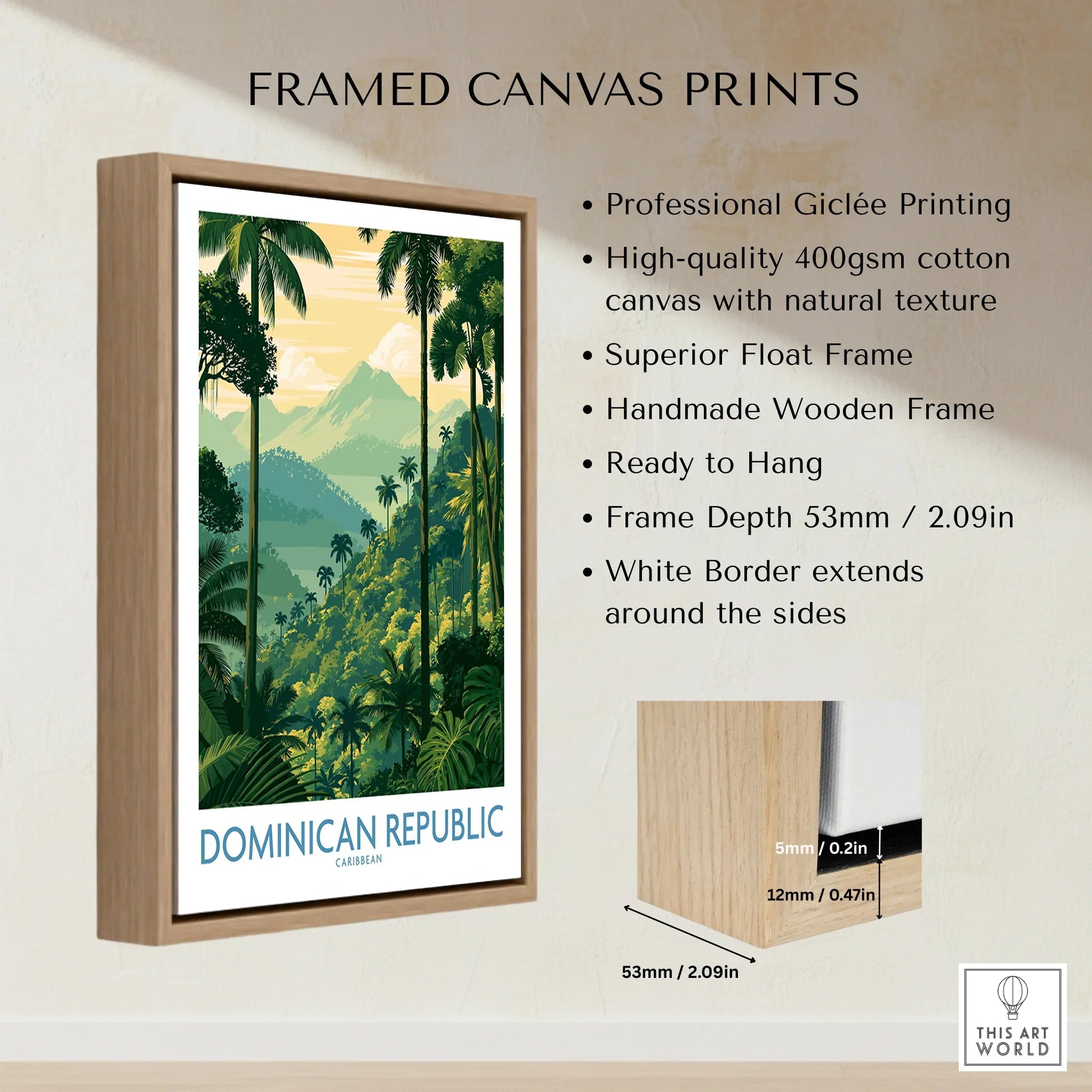 Framed Dominican Republic travel poster with palm trees, mountains, and tropical jungle art for wall decor