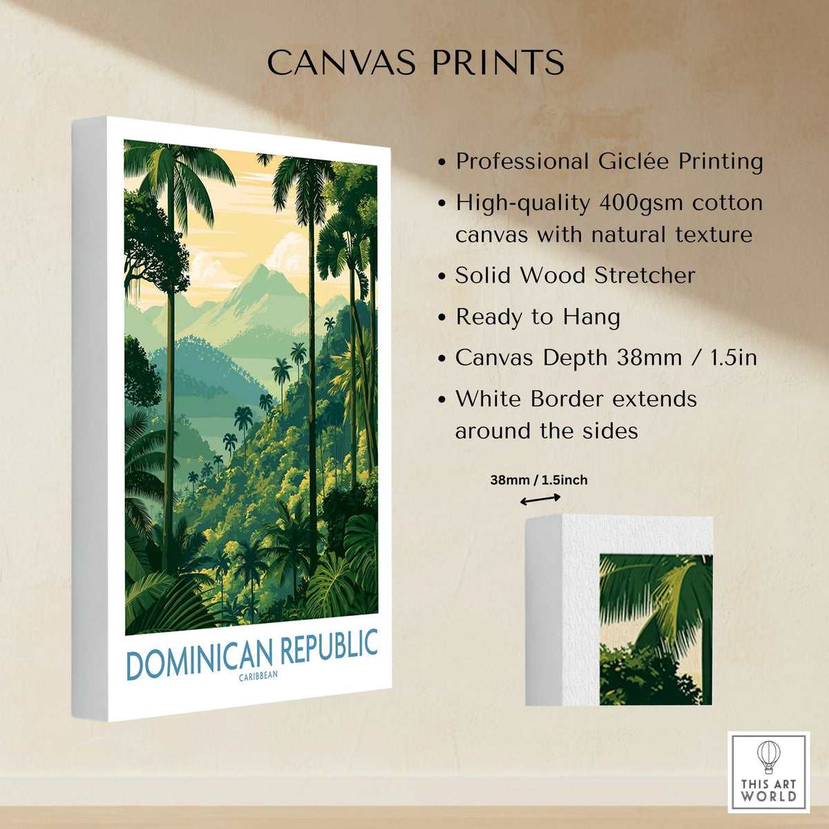 Dominican Republic travel poster canvas print with tropical palm trees, mountains, and white border, ready to hang