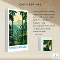 Dominican Republic travel poster canvas print with tropical palm trees, mountains, and white border, ready to hang
