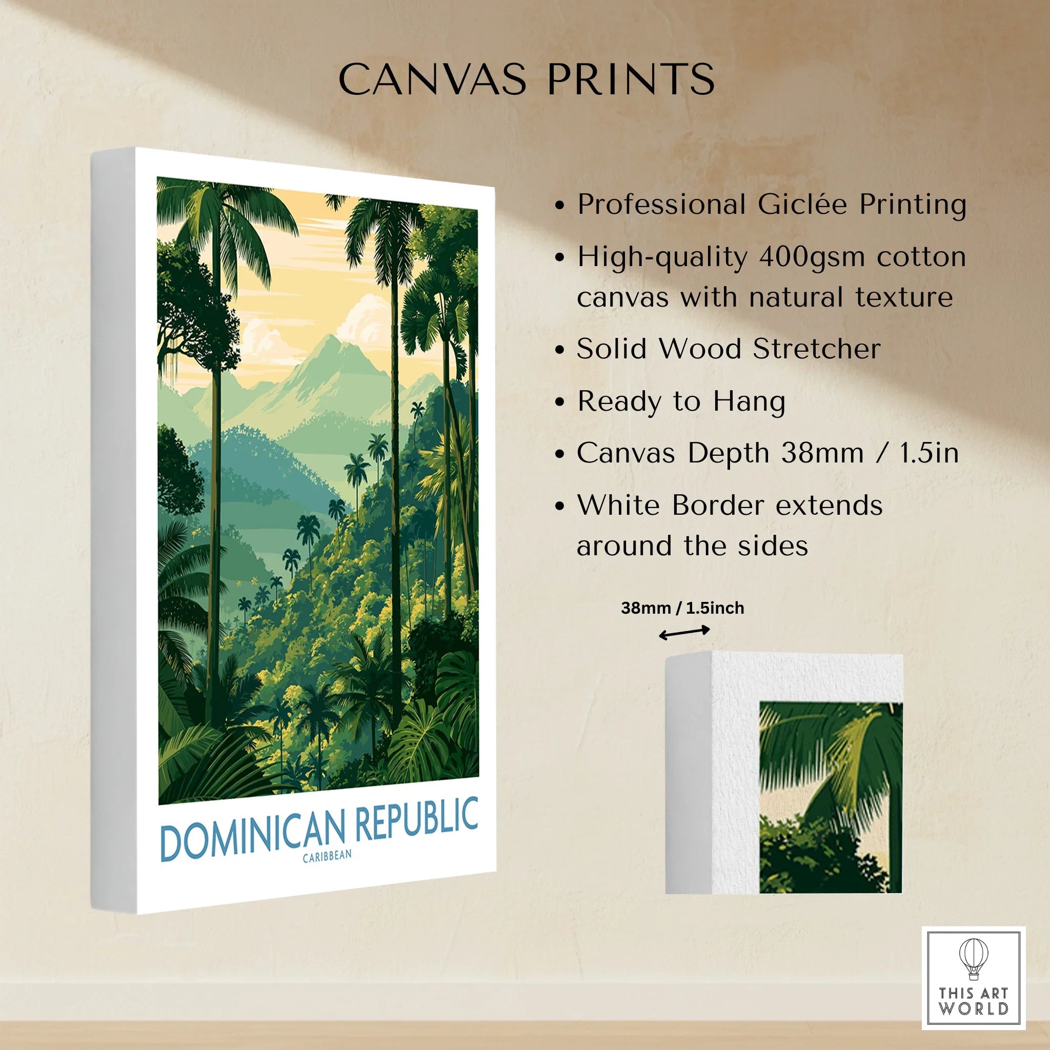 Dominican Republic travel poster canvas print with tropical palm trees, mountains, and white border, ready to hang