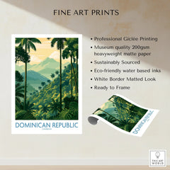 Dominican Republic travel poster with tropical palm trees, lush jungle, and mountain views, ready to frame