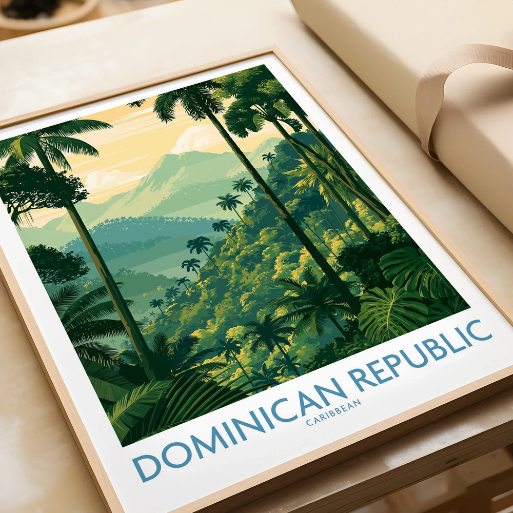 Framed Dominican Republic travel poster with tropical jungle, palm trees, and mountains for wall art decor