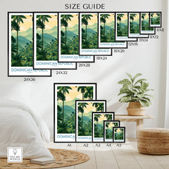 Dominican Republic travel poster size guide with tropical palm trees, mountains, and Caribbean scenery for wall art decor
