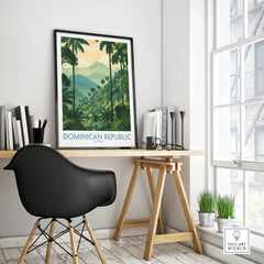 Dominican Republic travel poster with palm trees and mountains, Caribbean wall art for home decor