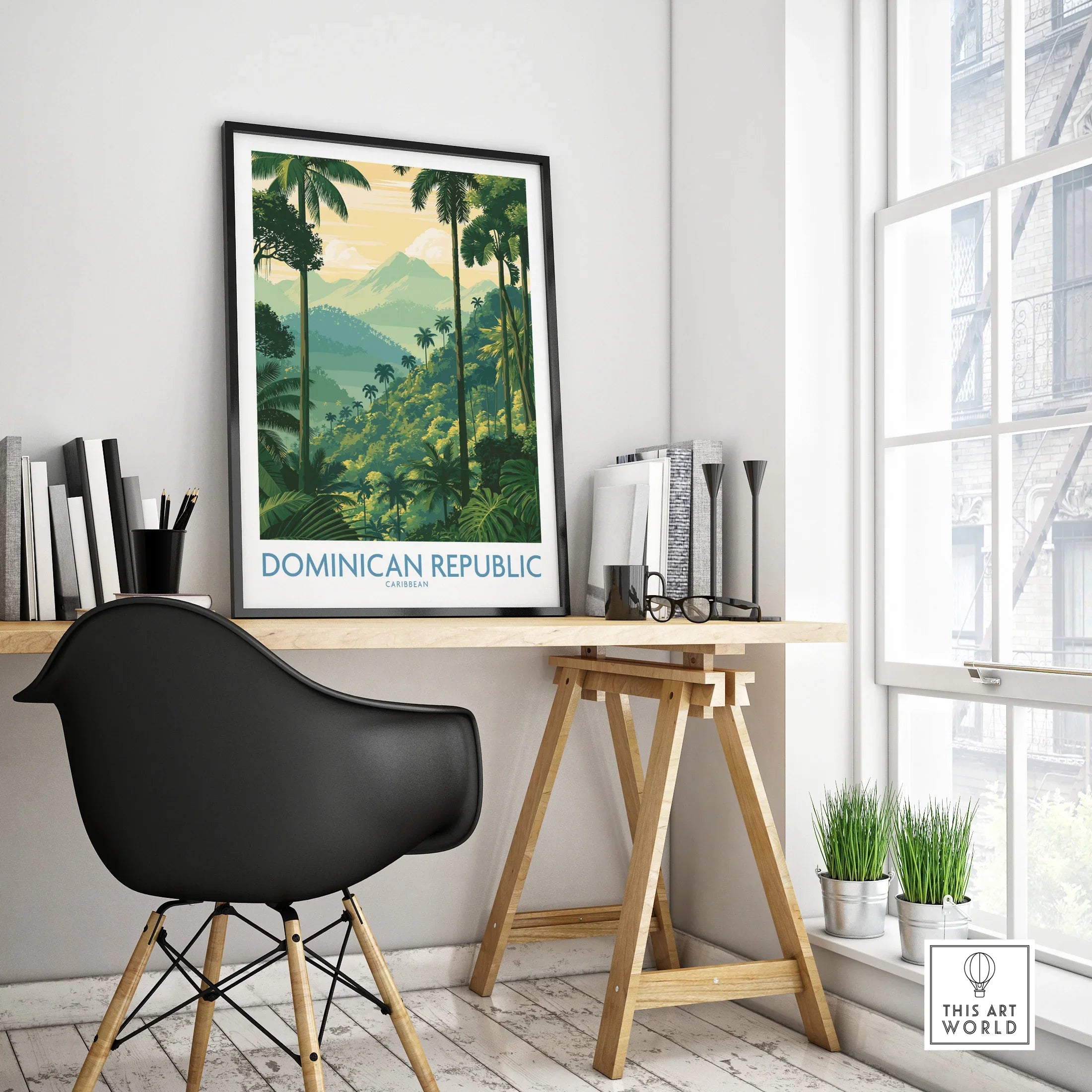 Dominican Republic travel poster with palm trees and mountains, Caribbean wall art for home decor