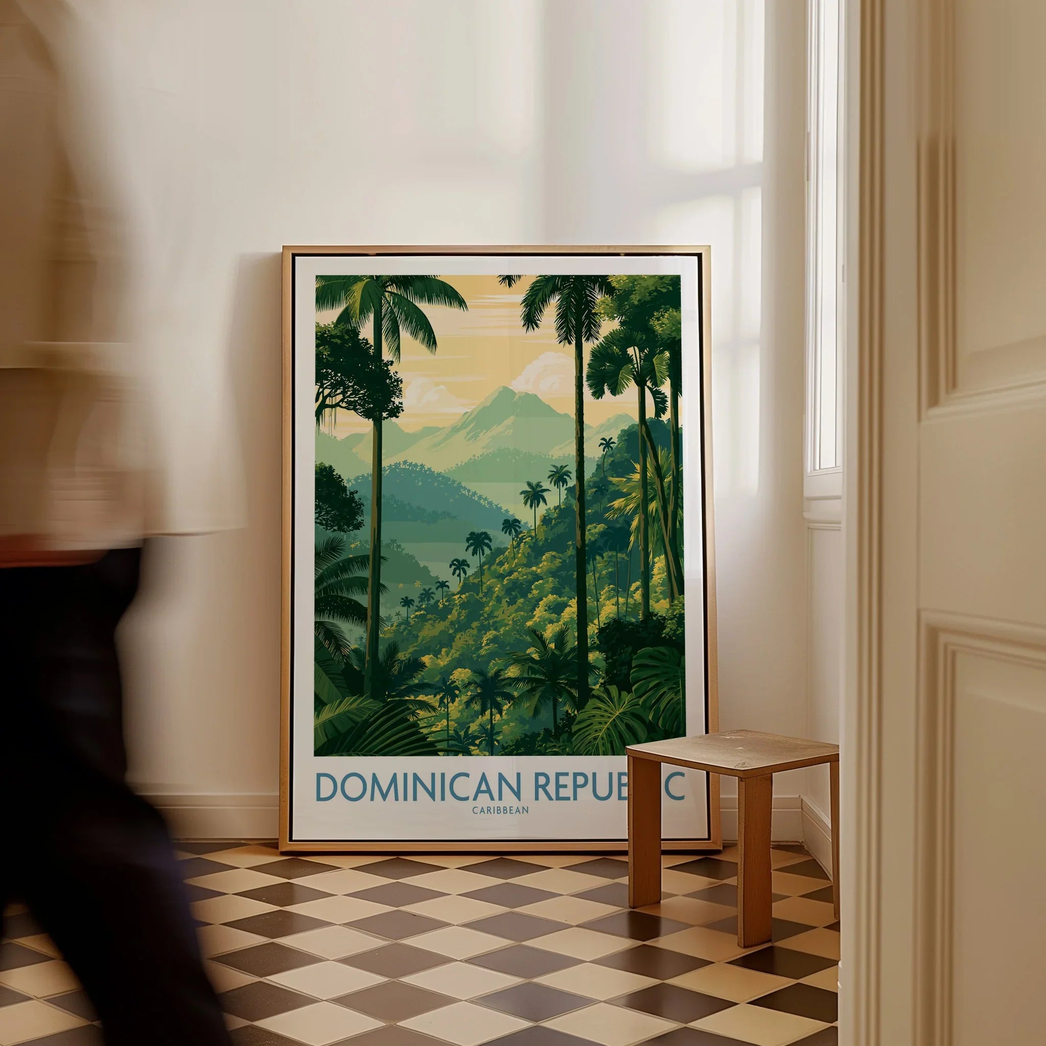 Dominican Republic travel poster with tropical palm trees, lush green mountains, and Caribbean scenery for home wall art decor