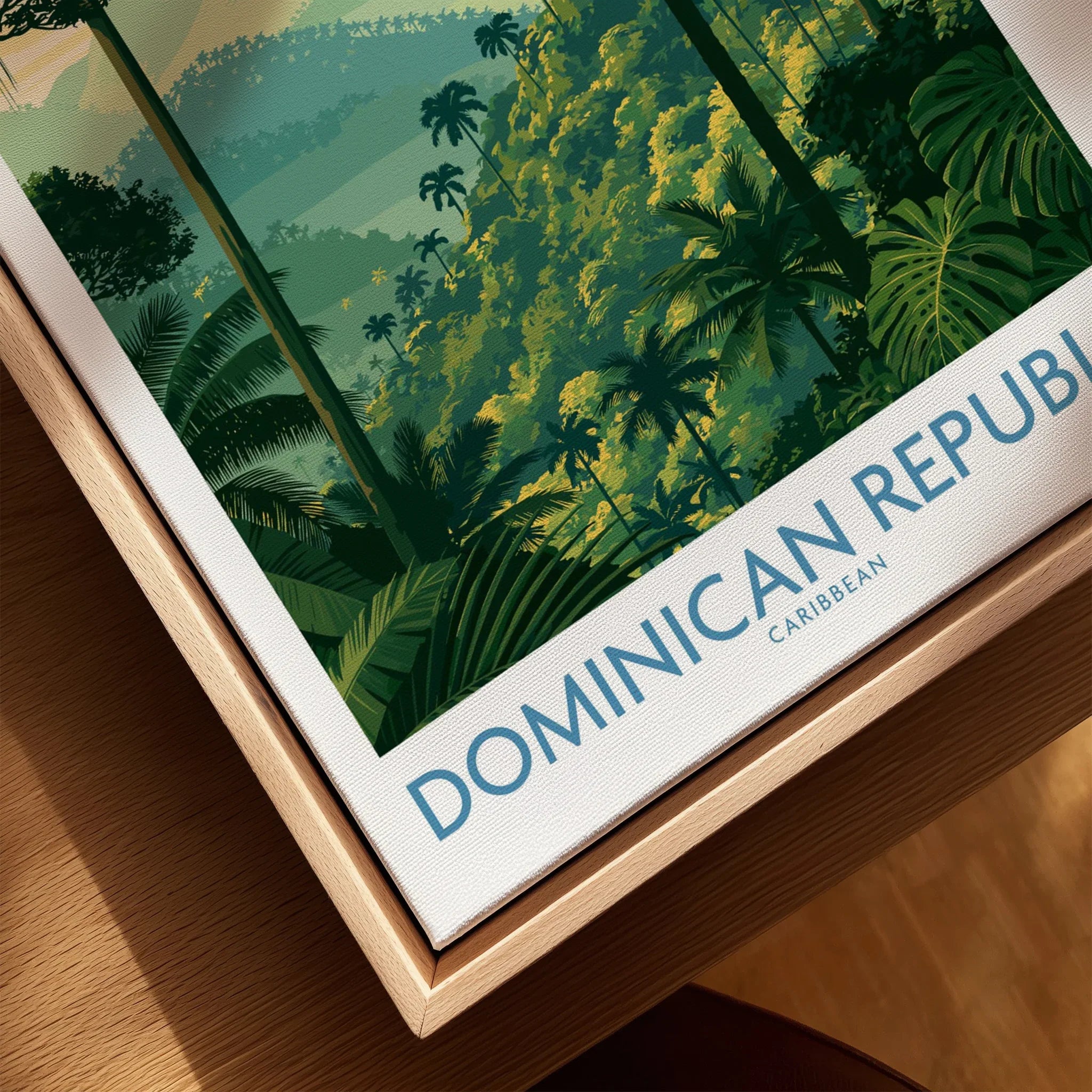 Dominican Republic Caribbean travel poster with lush jungle, palm trees, and tropical foliage on canvas wall art
