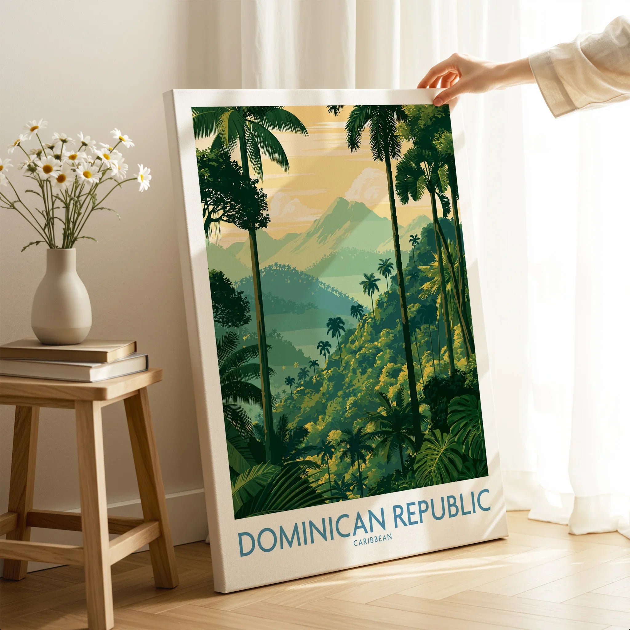 Dominican Republic travel poster with palm trees, mountains, and tropical jungle for home wall art decor