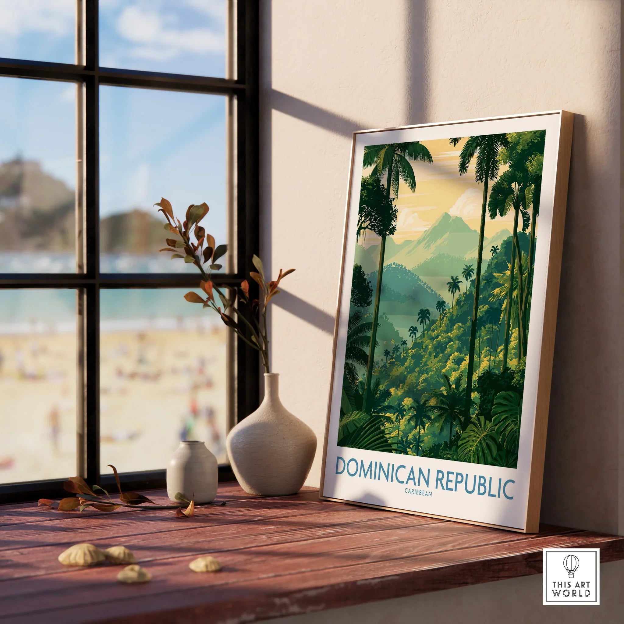 Dominican Republic travel poster with palm trees and mountains, perfect for tropical wall art decor