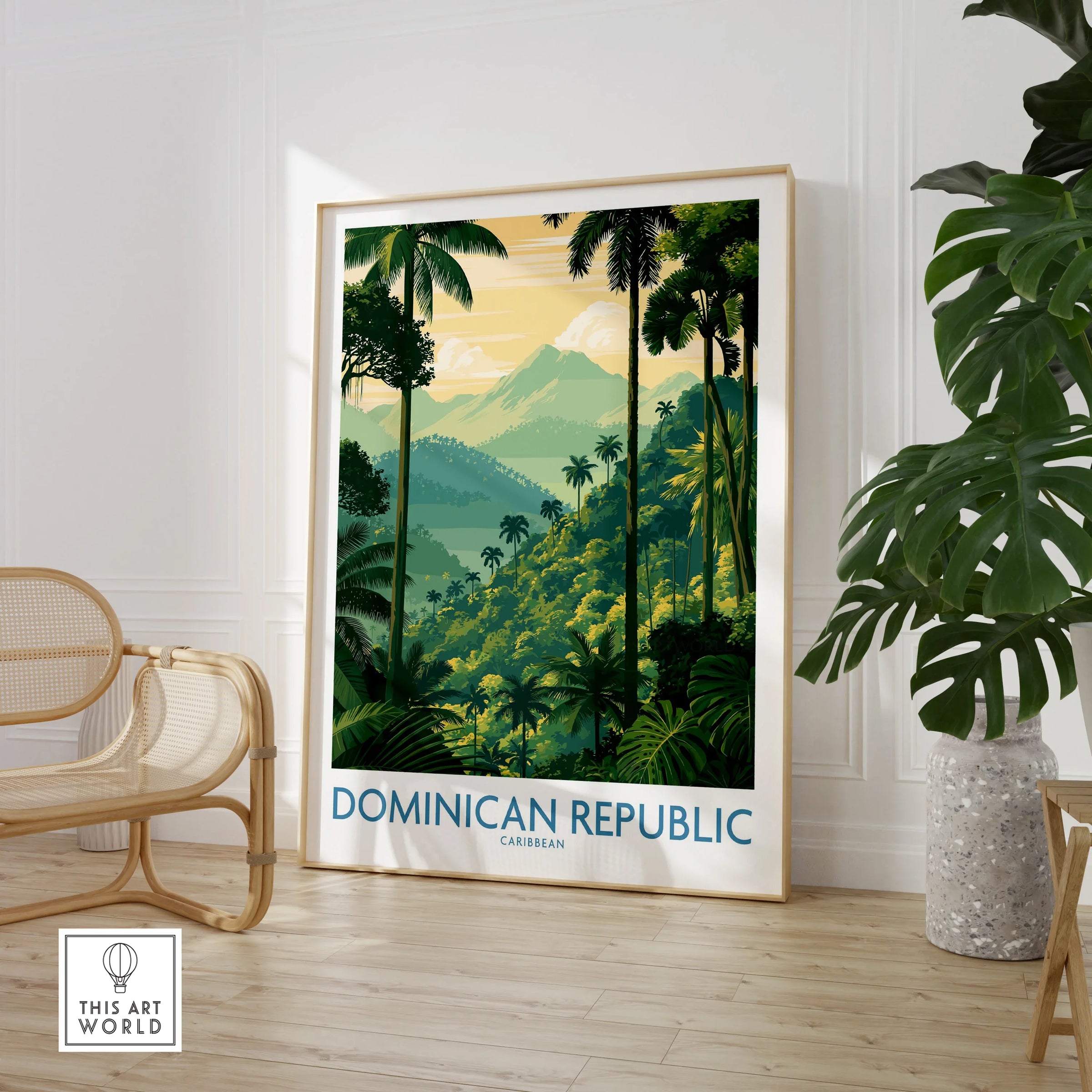 Dominican Republic travel poster with tropical jungle, palm trees, and mountains for wall art decor