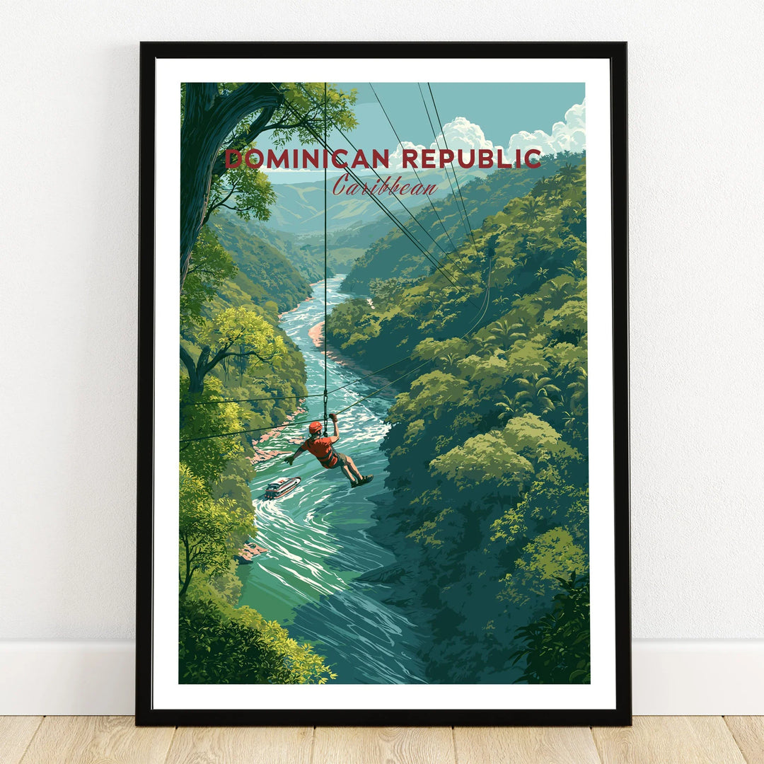 Dominican Republic Caribbean travel poster with zipline over river, lush jungle, and adventure scene for wall art